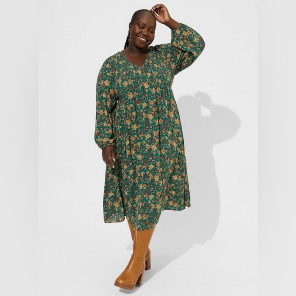Torrid Midi Washable Gauze Smocked Bodice Long Sleeve Dress